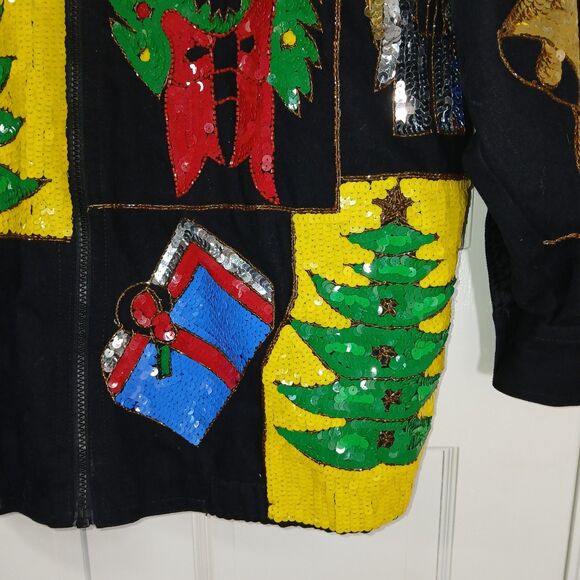 VINTAGE MODI DENIM Sequin Christmas Holiday Ugly Sweater Jacket L 10/12 80s 90s - Picture 6 of 16